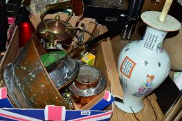 A BOX OF METALWARES, including a copper warming pan, copper kettle, soda syphon, etc and a 20th