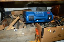 FOUR BOXES AND A TOOLBOX, of hand and power tools including wooden moulding planes, a Blackspur 4'