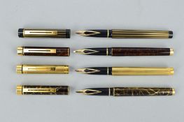 FOUR SHEAFFER PENS, the pens with banded or marble effect cases and all with 14k nibs