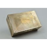 A GEORGE VI RECTANGULAR SILVER CIGARETTE BOX, presentation inscription to lid, Birmingham 1941,