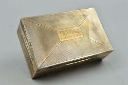 A GEORGE VI RECTANGULAR SILVER CIGARETTE BOX, presentation inscription to lid, Birmingham 1941,