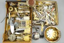 TWO BOXES OF LOOSE AND BOXED EP AND STAINLESS CUTLERY, together with a small quantity of plated