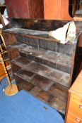 AN EARLY 20TH CENTURY STAINED OAK OPEN BOOKCASE, approximate size width 110cm x depth 22cm x