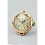 A 1920'S 9CT GOLD WATCH HEAD, of circular outline with engraved floral and foliate decoration to the