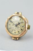 A 1920'S 9CT GOLD WATCH HEAD, of circular outline with engraved floral and foliate decoration to the
