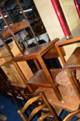 A PINE SIDE TABLE WITH TWO DRAWERS, an oak trolley, footstool, a Georgian oak washstand, three