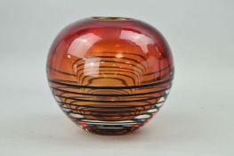 A CONTEMPORARY SOMMERSO VASE OF SPHERICAL SHAPE, having a black internal spiral trail over a red and