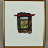 A MIXED MEDIA COLLAGE OF A VIEW THROUGH A WINDOW, indistinctly signed, dated 1989, mounted, framed