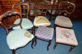 A PAIR OF VICTORIAN WALNUT CHAIRS, two others, a Victorian footstool and an Edwardian footstool (6)