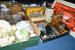 THREE BOXES AND LOOSE CERAMICS, GLASS, PICTURES, SUNDRIES ETC, to include boxed cutlery, teawares,