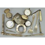 A BOX OF SILVER AND PLATED ITEMS, including pocket and fob watches, mother of pearl and silver