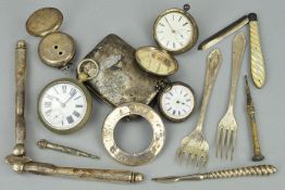 A BOX OF SILVER AND PLATED ITEMS, including pocket and fob watches, mother of pearl and silver