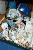 TWO BOXES AND LOOSE CERAMICS, GLASS, PICTURES ETC, to include boxed Nao Owl, Royal Worcester oven