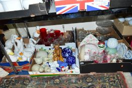 FIVE BOXES AND LOOSE CERAMICS, GLASS, etc, to include ornamental Ducks, Cats, Teddies, etc