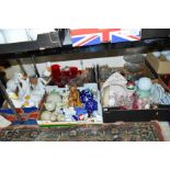 FIVE BOXES AND LOOSE CERAMICS, GLASS, etc, to include ornamental Ducks, Cats, Teddies, etc