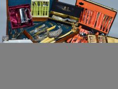 A BOX OF CASED AND LOOSE CUTLERY AND FLATWARE, including tea knives, etc and an oak cased canteen of