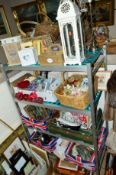SEVEN BOXES AND A QUANTITY OF LOOSE PICTURES, BASKETS, teddy bears, modern decorative items, kitchen