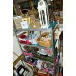 SEVEN BOXES AND A QUANTITY OF LOOSE PICTURES, BASKETS, teddy bears, modern decorative items, kitchen