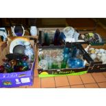 SEVEN BOXES AND LOOSE CERAMICS, GLASSWARES, etc, to include boxed empty Wade whisky decanter,
