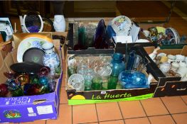 SEVEN BOXES AND LOOSE CERAMICS, GLASSWARES, etc, to include boxed empty Wade whisky decanter,