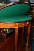 AN EDWARDIAN MAHOGANY AND SATINWOOD INLAID FOLD OVER CARD TABLE, with a drop leaf occasional