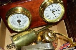 A BRASS BOTTLE JACK, a brass bell, a modern 'Carlsberg' barometer and clock mounted as one, a tin