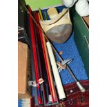 A FENCING SWORD AND MASK, together with two snooker cues, one with case