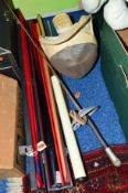 A FENCING SWORD AND MASK, together with two snooker cues, one with case