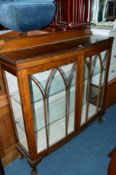 A 20TH CENTURY OAK ASTRAGAL GLAZED TWO DOOR CHINA CABINET, on ball and claw feet, approximate size