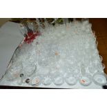 A QUANTITY OF CUT/CLEAR GLASSWARES, to include decanters, glasses, bowls, etc