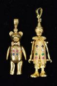 TWO 9CT GOLD ARTICULATED PENDANTS, the first designed as a clown with multi-gem detail to his