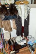 A FOX FUR BOLERO, COATS, HANDBAGS, GLOVES AND HATS, to include M & S faux fur jacket, size 12, '