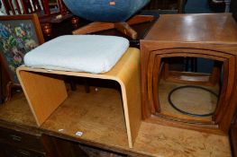 A MAHOGANY COFFEE/NEST OF THREE TABLES, a Parker Knoll stool, a G Plan teak nest of tables, desk,