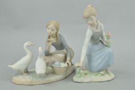 TWO BOXED LLADRO MATT FIGURES, girl picking flowers No 1172 and girl feeding ducks with basket of