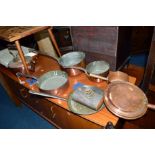 FOUR VARIOUS VICTORIAN COPPER PANS, another copper pan, a copper kettle, a warming pan, etc (8)