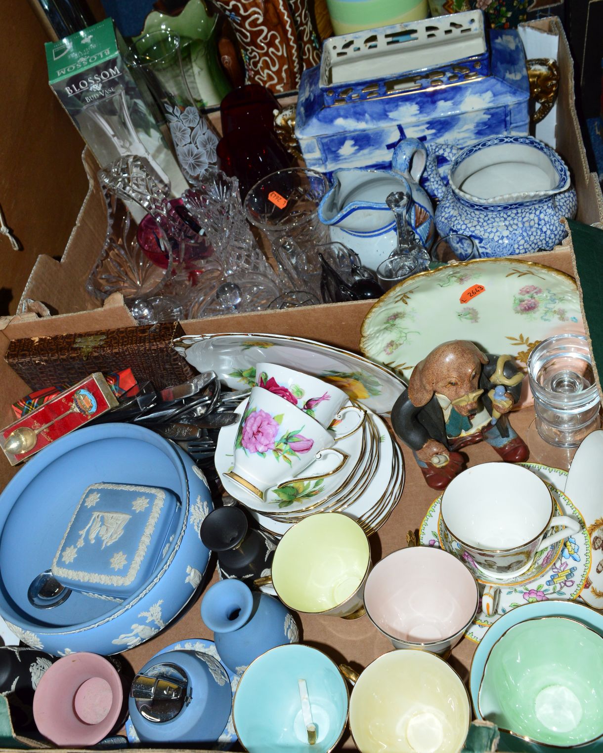 TWO BOXES OF CERAMICS, GLASS, CUTLERY, PICTURES, ETC, to include Wedgwood Jasperware, Quimper jug,