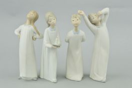 FOUR BOXED LLADRO FIGURES, girl with hands on hips No.4872, boy kissing No.4869, boy yawning No.4870