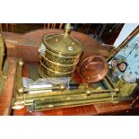 A QUANTITY OF BRASS AND COPPER MISCELLANEOUS, to include a fender, coal bucket and a warming pan (