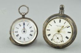 TWO SILVER VICTORIAN AND EDWARDIAN POCKET WATCHES, both with white faces and Roman numeral hour
