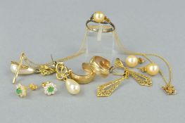 FIVE PAIRS OF EARRINGS, A PENDANT AND A RING, to include a pair of cultured pearl ear studs, stamped