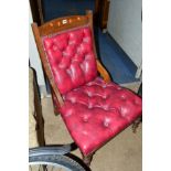 A VICTORIAN PARLOUR CHAIR, with red leatherette upholstery