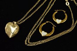 A HEART SHAPED 9CT GOLD LOCKET AND A PAIR OF EARRINGS, half engraved to the perimeter in a fancy