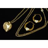 A HEART SHAPED 9CT GOLD LOCKET AND A PAIR OF EARRINGS, half engraved to the perimeter in a fancy