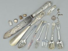 A PARCEL OF 19TH AND 20TH CENTURY SILVER AND WHITE METAL, including flatware, cutlery and