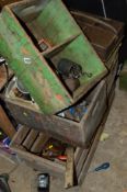 SIX VINTAGE WOODEN BOXES, with hand tools