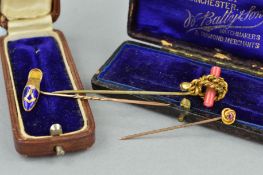 A COLLECTION OF EARLY 20TH CENTURY STICK PINS, to include a cased Masonic enamelled shoe, stamped '