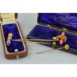 A COLLECTION OF EARLY 20TH CENTURY STICK PINS, to include a cased Masonic enamelled shoe, stamped '