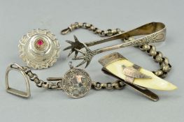 A SELECTION OF ITEMS, to include a pair of mid Victorian sugar tongs with claw terminals, a