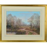 WENDY REEVES (IRISH 1945), a pastel drawing of a heathland scene with silver birch trees, signed