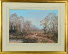 WENDY REEVES (IRISH 1945), a pastel drawing of a heathland scene with silver birch trees, signed